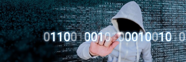 Anonymous hacker with computer code binary interface