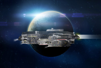 Obraz na płótnie Canvas Original 3D illustration. Space fantasy scene with a large spaceship. Alien planet, stars and nebula.