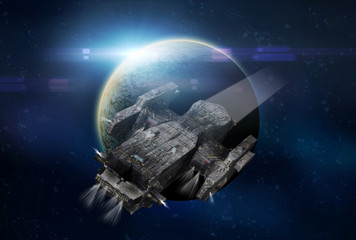 Obraz na płótnie Canvas Original 3D illustration. Space fantasy scene with a large spaceship. Alien planet, stars and nebula.
