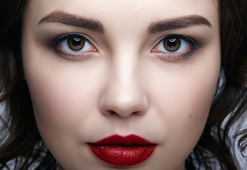 Closeup macro portrait of female face. Human woman face  with day beauty makeup