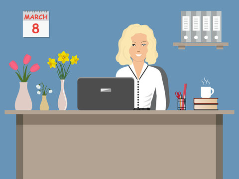 Web banner of an office worker on 8 March. The young woman sitting at the desk on a blue background. There is office objects and vases with flowers on the table. Vector illustration.