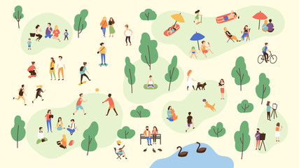 Various people at park performing leisure outdoor activities - playing with ball, walking dog, doing yoga and sports exercise, painting, eating lunch, sunbathing. Cartoon colorful vector illustration.