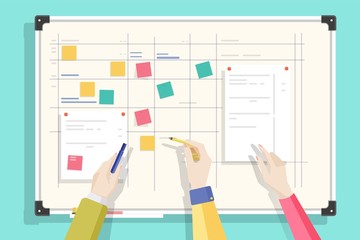 Magnetic whiteboard with table drawn on it, notes sticked by magnets and hands holding pen and pencil. Board for effective daily planning, scheduling, timetable. Colorful flat vector illustration.