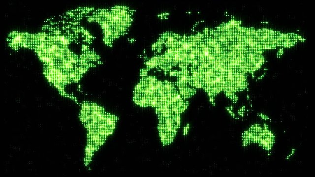 Digital green world map in flickering dots. Motion graphics background for broadcast TV, films, exhibition and presentations. Seamless Loop.