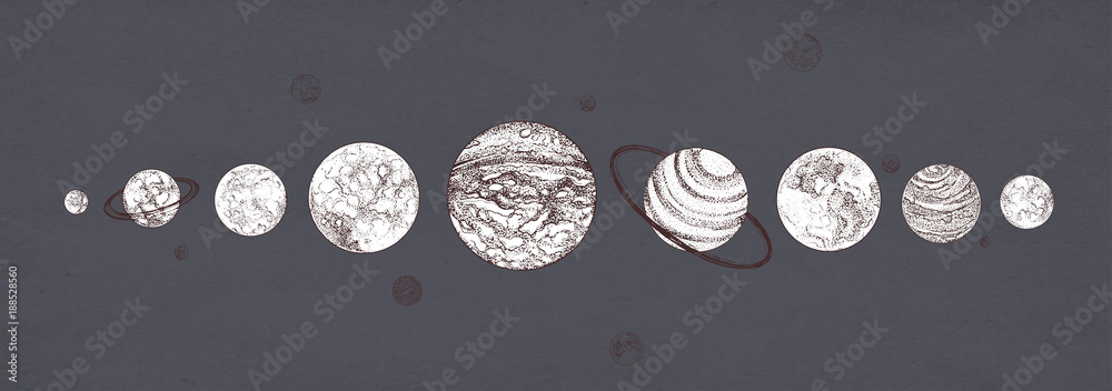Wall mural planets organized in row against dark background. solar planetary system drawn in monochrome colors.