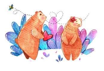watercolor pair of bears , bear gift heart for other bear in violet herb - 188528505