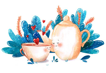 watercolor tea cup and katle in love on herbal blue background