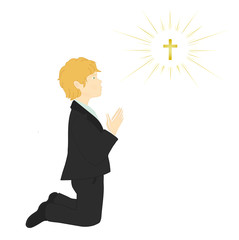 My first communion. Blonde boy praying on knees.