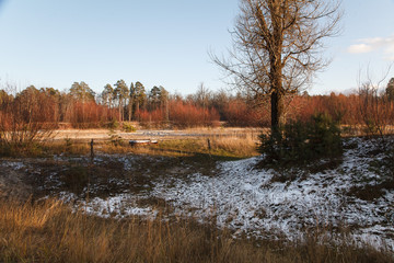 First snow in autumn river coast