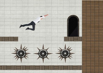 Businessman in Computer Game Level with traps