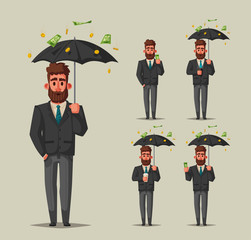 Successful, happy businessman in a suit with umbrella. Cartoon vector illustration