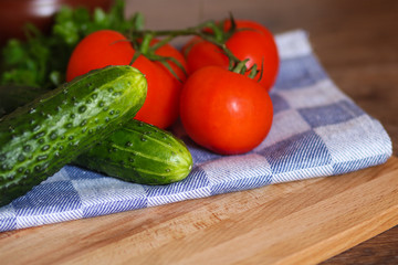 Fresh vegetables and herbs. Tomatoes, cucumbers, pepper