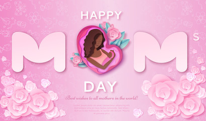 Mother's day origami paper art greeting card in trendy style with frame, patterns,  flowers, african woman holding baby silhouette. Colorful carved vector illustration