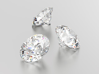 3D illustration three white round gemstones diamonds