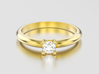 3D illustration yellow gold traditional solitaire engagement diamond ring