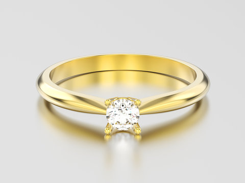 3D illustration yellow gold traditional solitaire engagement diamond ring