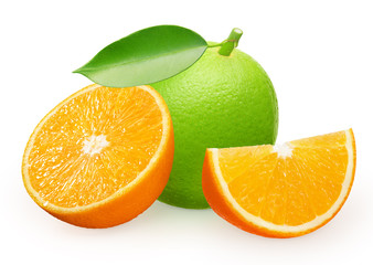 Lime fruit with green leaf, half and slice of orange