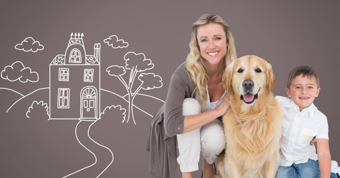 Mother with son and dog with home drawings