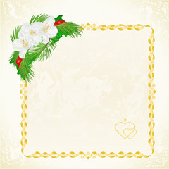 Label gold frame with jasmine and pine branches and holly floral festive background vintage vector illustration editable hand draw
