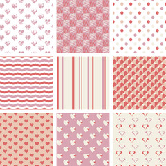 set of 9 seamless patterns with hearts, stripes, polka dots and zigzag