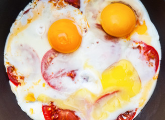 Fried eggs with tomatoes on a pan