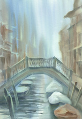 Venice canal with a bridge in the mist