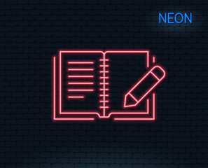 Neon light. Feedback line icon. Book with pencil sign. Copywriting symbol. Glowing graphic design. Brick wall. Vector
