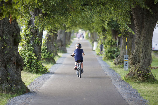 Rear view of little boy in helmet riding bicycle in park