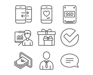 Set of Phone communication, Presentation and Verify icons. Love chat, Delivery boxes and Cash signs. Human, Ssd and Chat symbols. Incoming and outgoing calls. Education board. Selected choice. Vector