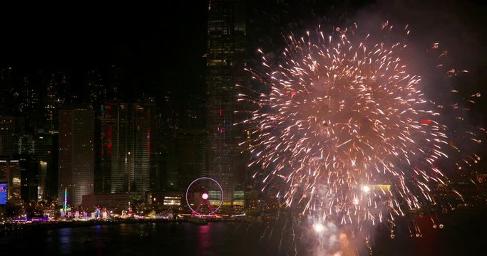 Fireworks & One International Finance Centre; Hong Kong Fireworks; Hong Kong, China