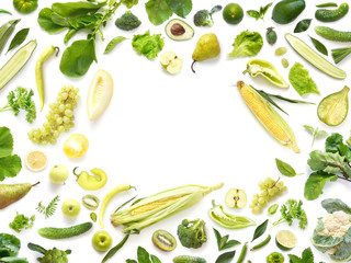 Food texture. Seamless pattern of various fresh yellow and green vegetables and fruits isolated on white background, top view, flat lay. Composition of food, concept of healthy eating. 
