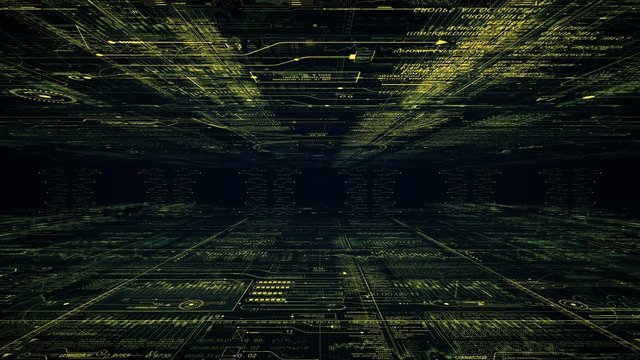 Camera moves through digital computer cyberspace.Programming data code text and futuristic HUD elements.Good for tech titles and background, news headline business intro screensaver.Green.