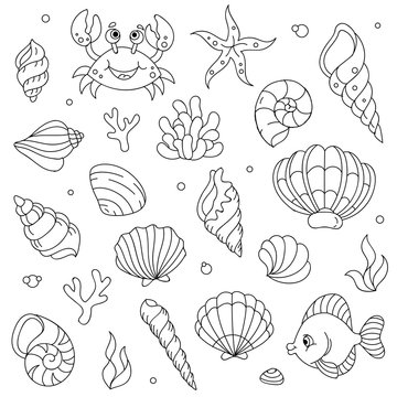 vector lineart cartoon comic doodle sea animals kids set.
