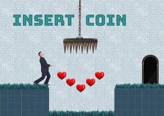 Insert coin text and Businessman in Computer Game Level with