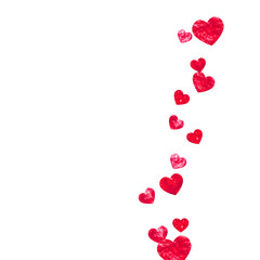 Grunge heart background for Valentines day with red glitter. February 14th day. Vector confetti for grunge heart background. Hand drawn texture. Love theme for flyer, special business offer, promo.