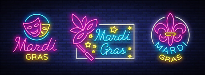 Mardi Gras vector, set of symbols,with holiday greetings, festive card. Fat Tuesday, festive illustration in neon style, luminous banner, neon sign, bright billboard. Design a template for a carnival - obrazy, fototapety, plakaty