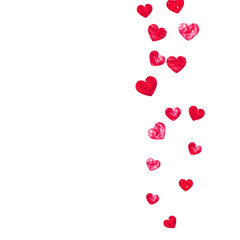 Valentines day border with red glitter hearts. February 14th day. Vector confetti for valentines day border template. Grunge hand drawn texture. Love theme for party invite, retail offer and ad.