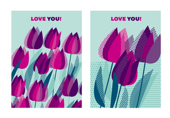 Abstract modern vivid floral motif for surface design. Cool spring pattern with geometric decorative violet and purple tulip flowers, design elements.