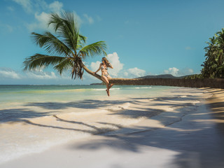 Bikini woman sitting on palm tree at the ocean