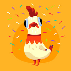 Vector illustration with white cute rooster and confetti isolated on yellow background. Holiday card with funny cartoon character - the symbol of 2017. Concept for design t-shirt print, poster