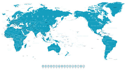 Fototapeta na wymiar World Map Outline Contour Silhouette Borders - Asia in Center