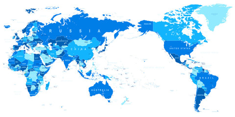 World Map Blue Detailed - Asia in Center