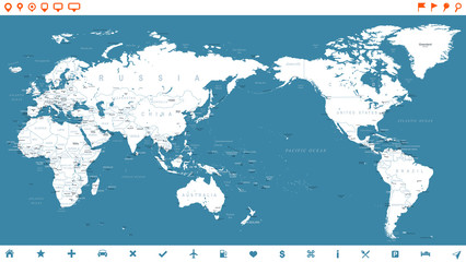 World Map White Blue Detailead and Icons - Asia in Center