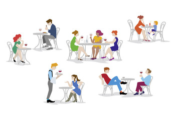 Cafe, people, vector illustration of  men and women, sitting, eating and drinking wine in the cafe, restaurant. Clip art, cartoon, Characters set.