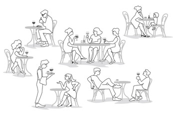 A vector illustration of group of people. Series of fashion people, men and women, sitting, eating and drinking wine in the cafe. Characters set.