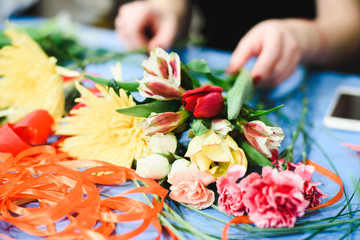 Bouquet of beautiful spring flowers in interior, close up, for women to Valentine's day