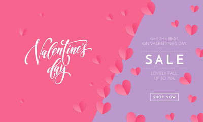 Valentines day sale poster or banner of valentine pink paper hearts and calligraphy text font on trendy background. Vector Valentines day holiday shop discount promo design template of lovely hearts