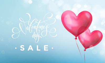 Fototapeta na wymiar Valentines day sale poster or banner of valentine red heart on blue light pattern background. Vector Valentines day holiday shop discount promo design template of glossy crystal heart