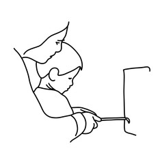 mother teaching her kids to paint with paintbrush vector illustration sketch hand drawn with black lines, isolated on white background. family concept.