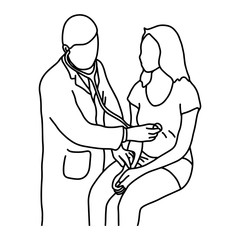 Male doctor using a stethoscope to listen the stomach of female patient vector illustration sketch hand drawn with black lines, isolated on white background. Medical concept.